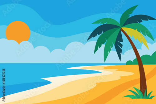  a serene tropical beach with a curving shoreline, a solitary palm tree, the sun setting over the calm ocean, and soft clouds in the sky vector illustration