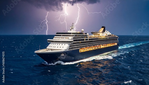 Large cruise ship sailing through a powerful lightning storm on the open sea, navigating turbulent waters at night.