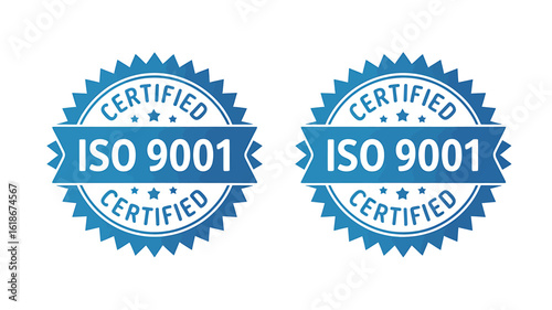 ISO 9001 Certification Badges in Blue Showing Quality Management System Compliance and International Standards Achievement