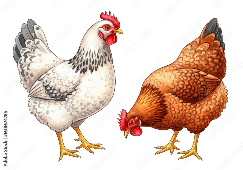 Fototapeta premium Two chickens, one white and one brown, standing together isolated on transparent background