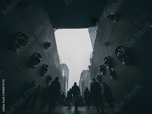 Eerie passage with sculpted ears and silhouette figures. Privacy and security concept