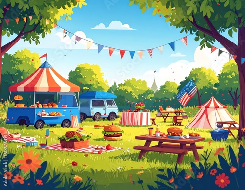 Festive summer picnic with food trucks, tents, and bunting in a park.