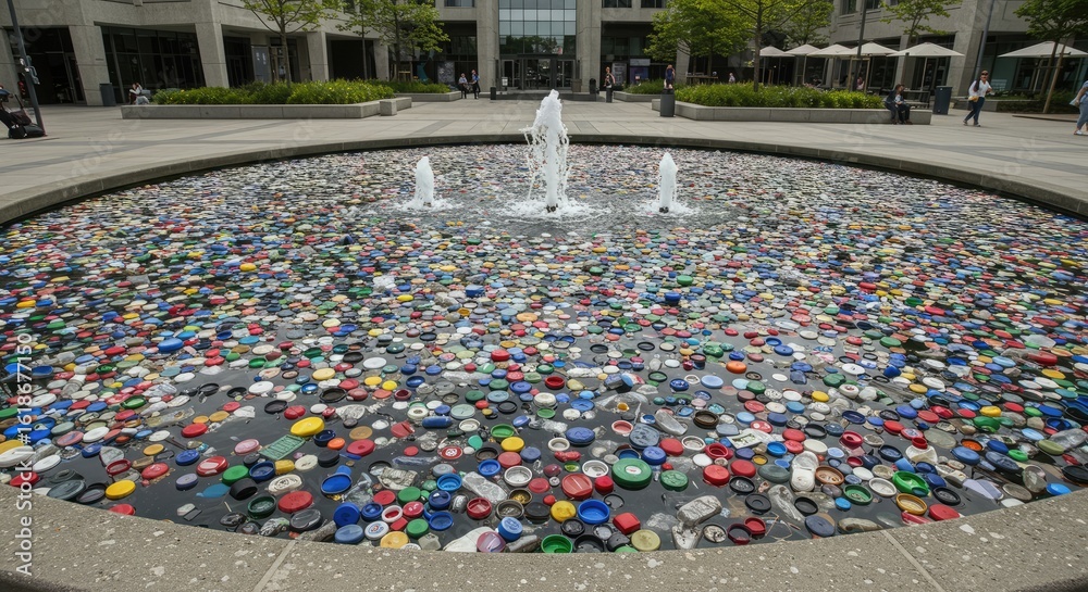 Naklejka premium Recycled Bottle Caps Fountain: A Colorful Commentary on Plastic Waste