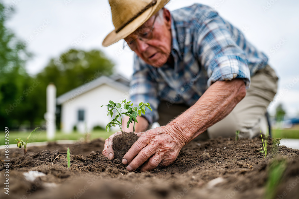 Fototapeta premium Elderly man planting his first seedlings, proud to start gardening, sunny yard