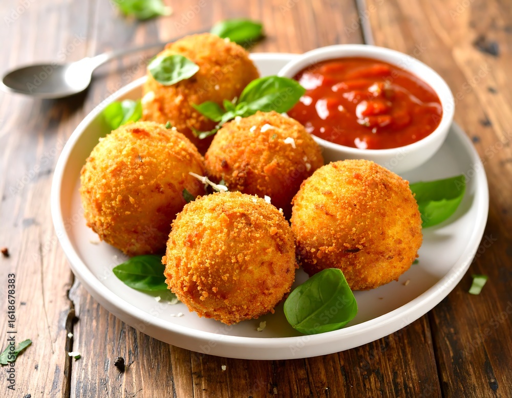 Crispy Italian fried balls with tomato sauce Crispy Italian fried balls with tomato sauce