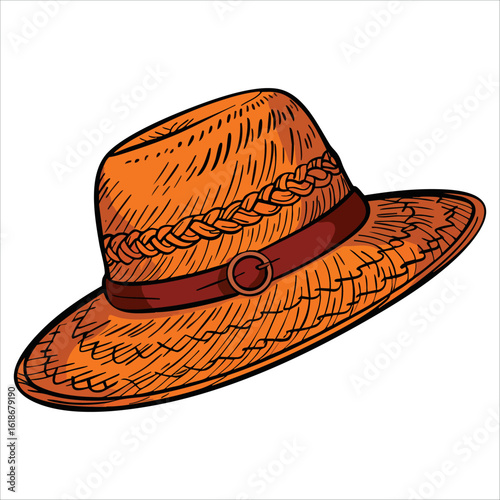 Summer elements collection featuring vintage style beach hat accessories. Casual sun straw wear and elegant beachwear for vacation designs.