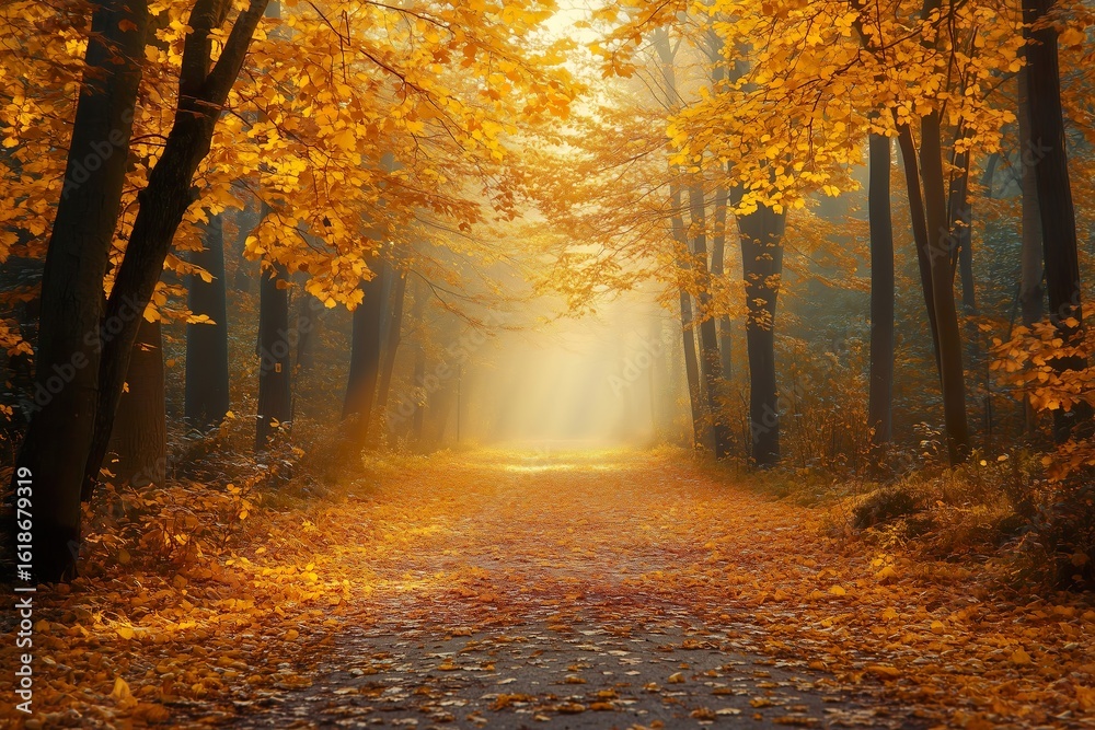 Fototapeta premium Idyllic autumn forest scene bathed in warm golden light, with a leaf-covered path and sun rays piercing through the trees. The vibrant yellow foliage and serene atmosphere evoke a sense of calm and se