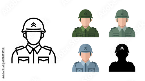 Set of Military Soldier Icons in Various Styles Depicting Different Uniforms and Ranks for Defense or Army Purposes