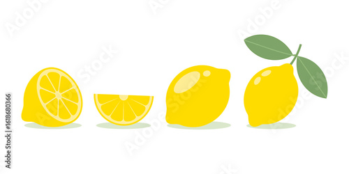 Fresh Lemon Vector Illustration Featuring Whole Halved and Sliced Lemon Fruits with Leaves Isolated on White