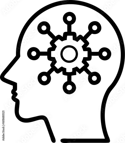 Minimal vector icon of machine learning engineer profession with head silhouette, gear and network nodes inside, ideal for AI systems, engineering and digital workflows