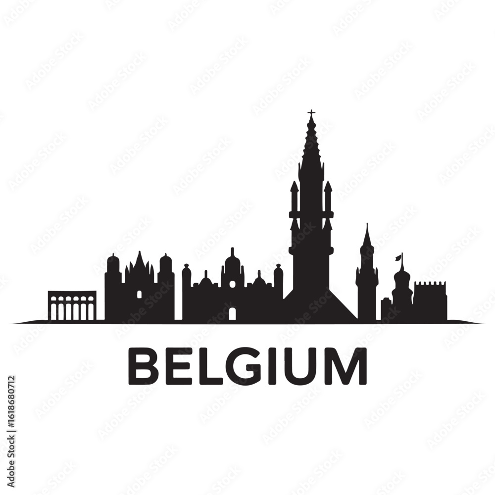 Fototapeta premium Vector Belgium skyline. Travel Belgium famous landmarks. Business and tourism concept for presentation, banner, web site. Vector black silhouette. with white background