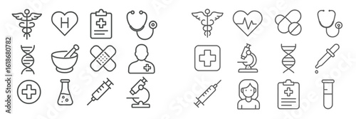 Health and medicine themed line icons featuring various medical symbols and tools for healthcare and research