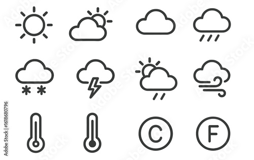 Weather icons representing various conditions including sun, clouds, rain, and snow with temperature symbols