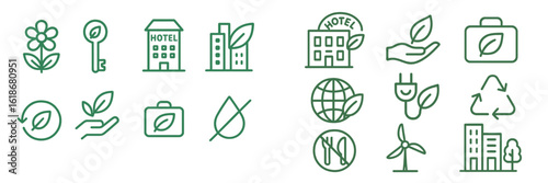 Eco-friendly icons illustrating sustainable tourism and green practices in urban environments