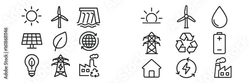 Icons representing renewable energy sources and sustainable practices in vector style illustration