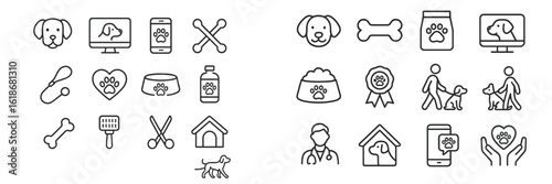 Dog care icons representing pet health, grooming, and companionship in a modern digital graphic design environment