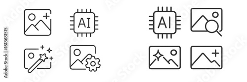 Icons representing artificial intelligence technology for image processing and enhancement in a digital context