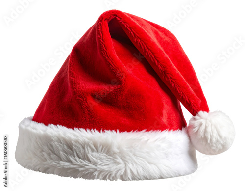 Gorro de Natal Vermelho com Pompom Branco Caído para Trás, Vista Lateral Direita, isolado em fundo transparente – AI Gerado