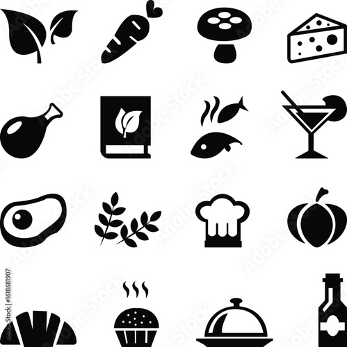 Food and Drink Icons, Black Pictogram Set, Vegetable and Fruit Symbols, Healthy Food Silhouettes, Kitchen Ingredient Icons, Minimal Line Icons, Isolated Vector Collection