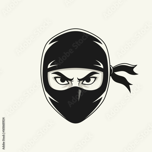 Close-up graphic illustration of a ninja head, stern expression, black mask.