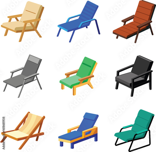 Colorful Outdoor Recliner Chair Vector Illustration – Comfortable Foldable Lounge Chair Design for Garden, Patio, and Poolside Relaxation