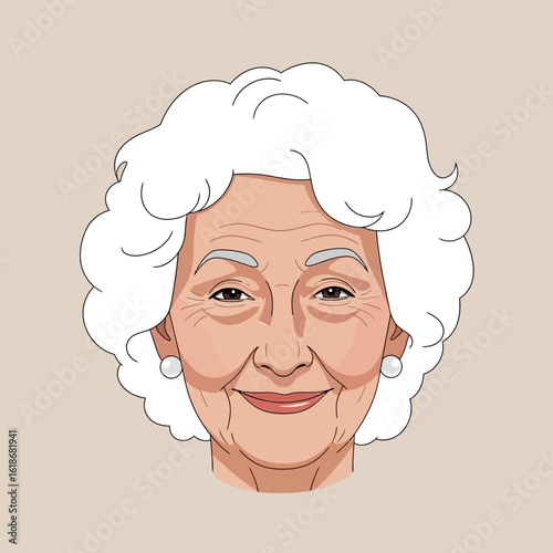 Cartoon portrait of a smiling elderly woman with voluminous white hair.