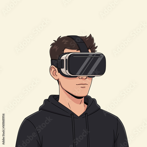 Young man immersed in virtual reality, wearing a VR headset, experiencing digital world.
