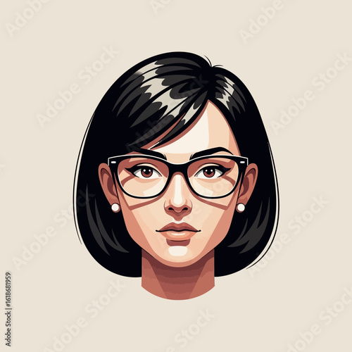 A stylized portrait of an intelligent woman with short black hair and eyeglasses.