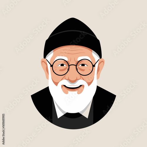 An illustration of a friendly, smiling elderly man with a white beard, round glasses, and a black beanie.