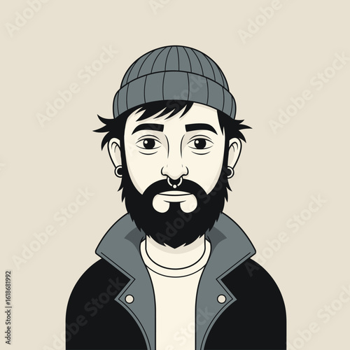 A stylized illustration of a man with a beard, beanie, and nose ring, presented in a minimalist, flat design.