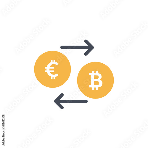 Euro and Bitcoin coins with arrows illustrating currency exchange, conversion, or a financial transfer.