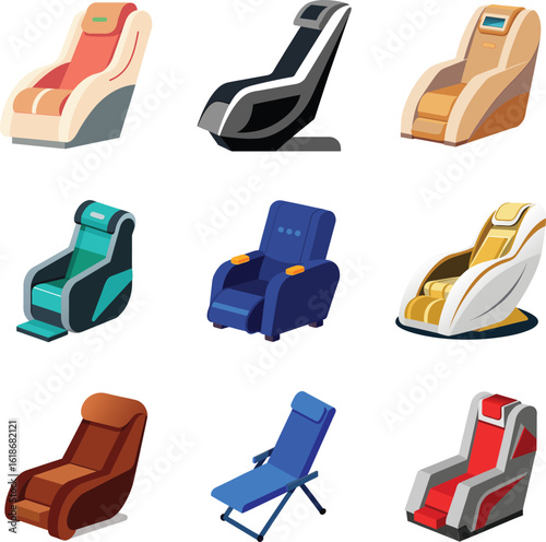 Colorful Massage Chair Vector Illustration – Modern Reclining Chair with Built-in Massager for Home, Spa, and Wellness Interiors