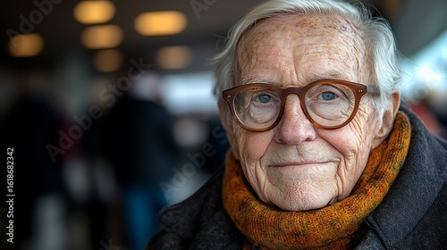 Portrait of a senior person with glasses and a patterned scarf.