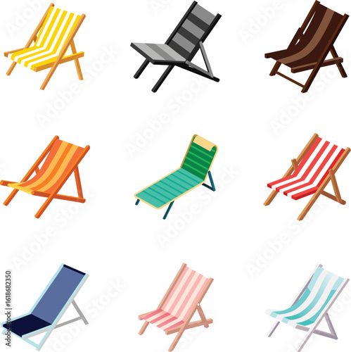 Colorful Deck Chair Vector Illustration – Foldable Outdoor Lounge Chair Design for Beach, Garden, and Patio Relaxation