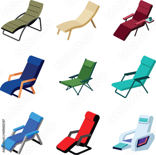 Colorful Zero Gravity Chair Vector Illustration – Ergonomic Reclining Lounge Chair Design for Outdoor Relaxation and Comfort