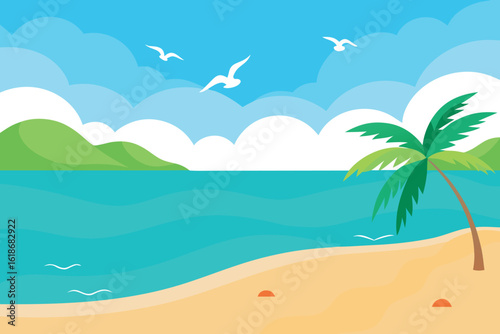  a beautiful tropical beach with gentle waves lapping the shore, a lone palm tree, green rolling hills, and seagulls flying in a blue sky with fluffy clouds vector illustration