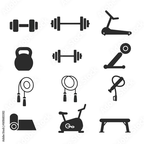 Vector art of a collection of fitness and gym equipment including dumbbells, kettlebell, treadmill, exercise bike, jump rope, and bench