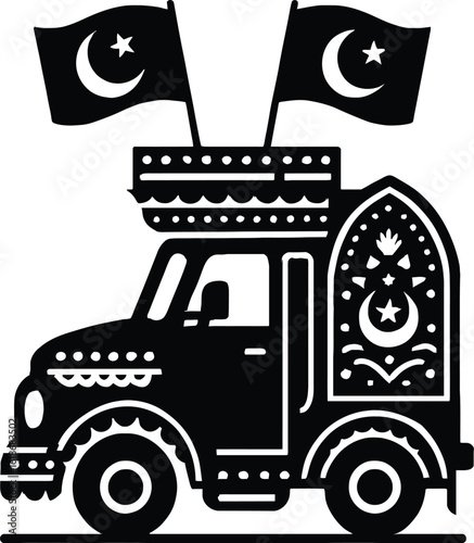 Stylized Black-and-White Illustration of Decorative Pakistani Truck Featuring Crescent-Star Flags and Intricate Floral-Geometric Patterns Representing Cultural Pride and Artistry