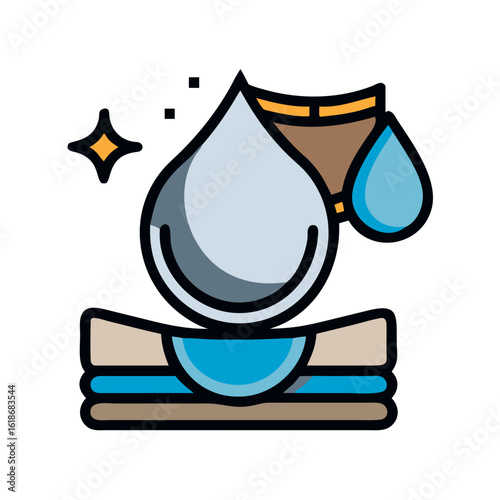 A close-up shot of a large, glistening water droplet resting on the soft fabric of a baby diaper. The droplet is perfectly round, catching the light and emphasizing the absorbency and freshness of the