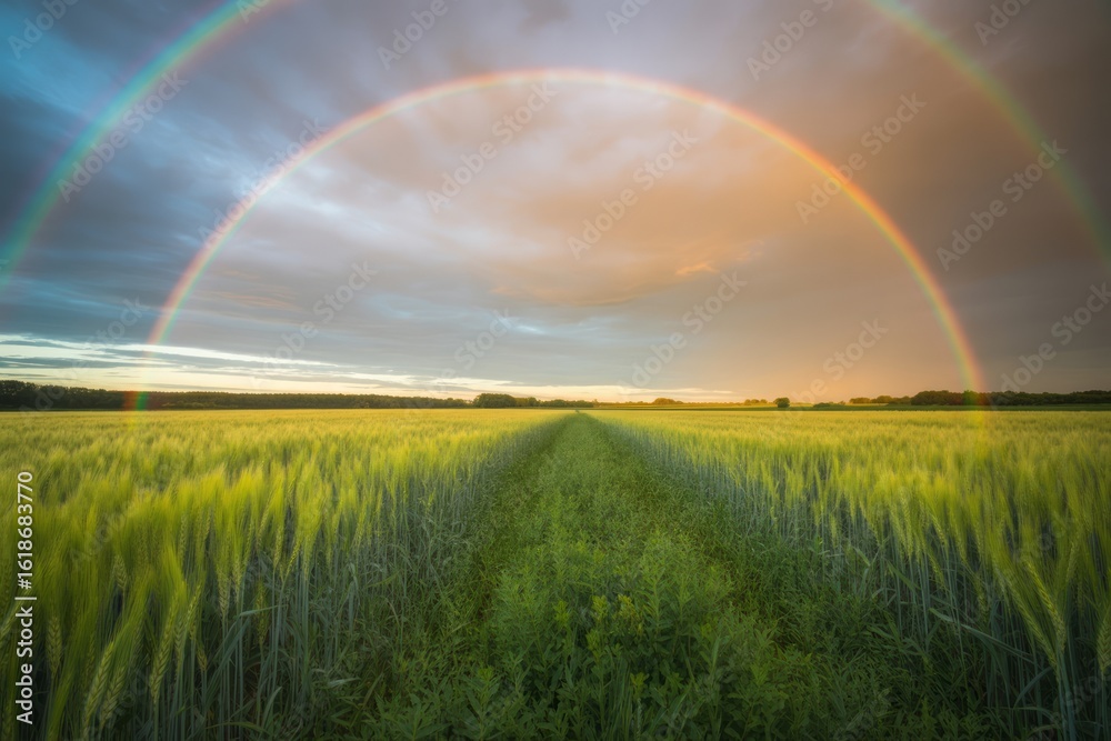 Naklejka premium Golden wheat field under double rainbow green yellow