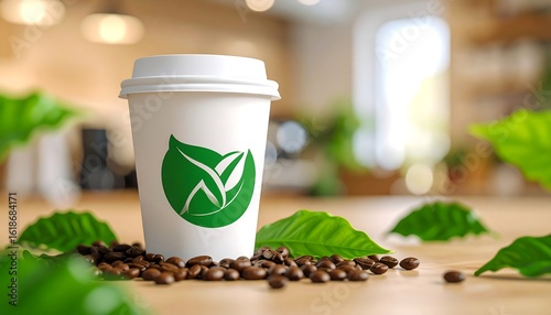 Eco-friendly coffee cup on a wooden table with coffee beans