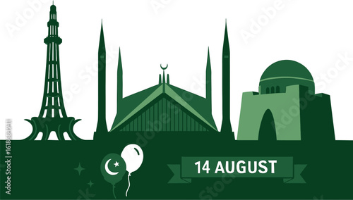 Independence Day Landmark Collage Featuring Minar-e-Pakistan, Faisal Mosque, Quaid-e-Azam’s Mausoleum, Crescent-Star Balloons, and '14 August' Banner in Patriotic Green and White Palette
