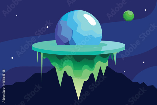  a stylized, lowpolygon illustration of a glowing blue alien planet with a turquoise disc floating in a dark starry night sky, evoking a sense of cosmic wonder and exploration vector illustration
