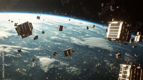 Satellites Orbiting Earth with Glowing Debris in Space