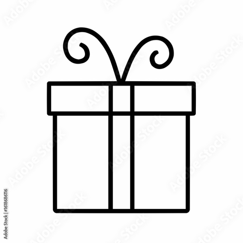 Gift Box. Cube-shaped present with ribbon cross and curled ends. Simple unwrapped look