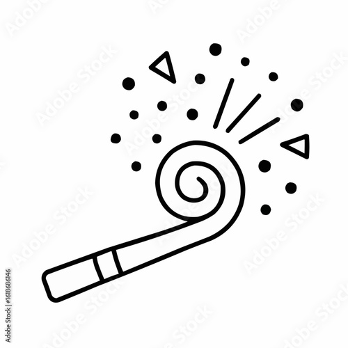 Party Horn. Classic blowout horn with curled end and confetti spray. Single-line detailing