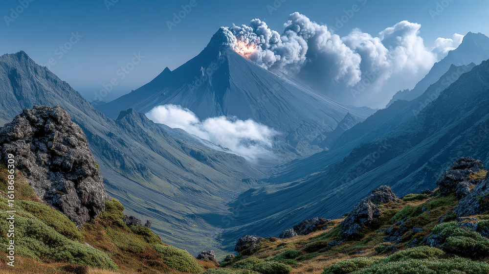 Naklejka premium A dramatic transformation unfolds in the aftermath of a volcanic eruption. Black ash blankets the terrain, while smoking craters emit wisps of steam