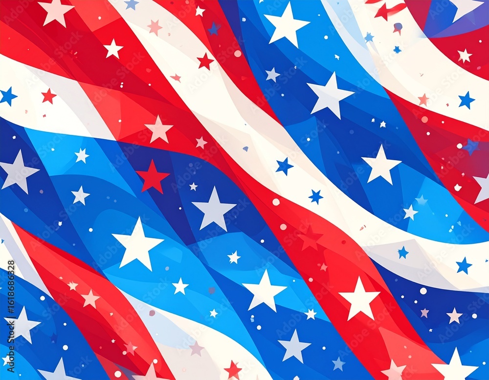 Obraz premium Abstract design featuring red, white, and blue stripes with white stars, evoking an American flag theme.