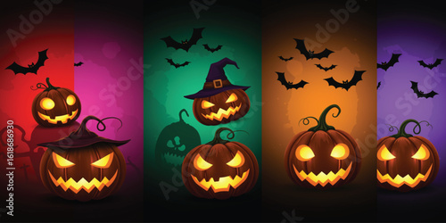 Spooky Halloween Jack-o'-Lanterns on Colorful Backgrounds