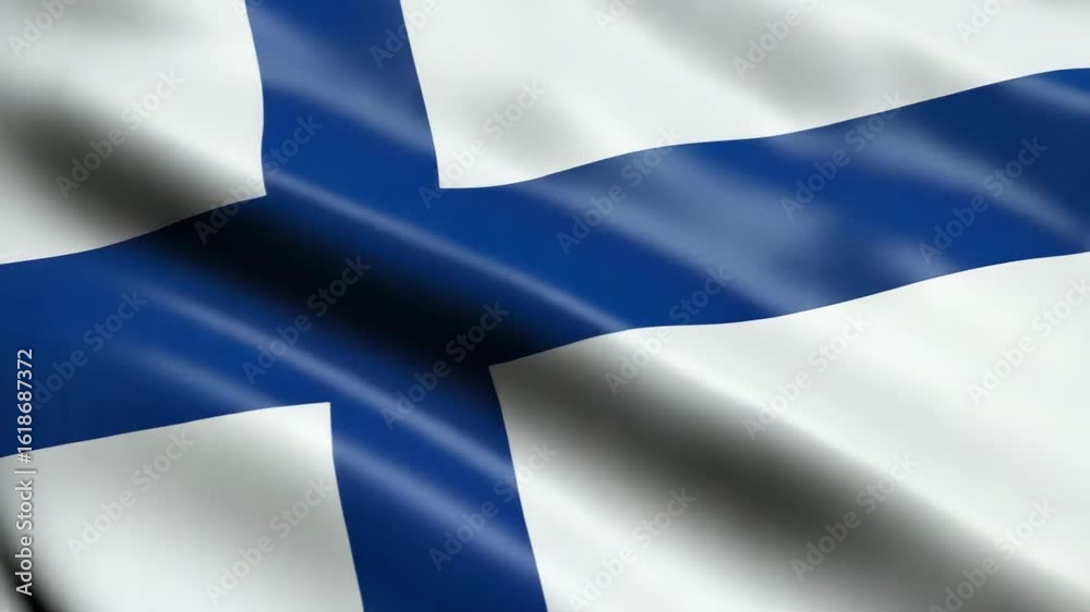 Dynamic Finland flag waving proudly in the breeze, a patriotic symbol of Finnish national identity and pride, perfect for travel and culture ads.